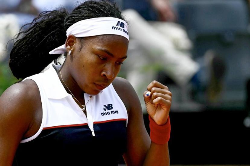 US' Coco Gauff reacts after a point as she plays against Russia's Mirra Andreeva during the Women's WTA Rome Open tennis tournament quarter-final tennis match at Foro Italico in Rome on May 14, 2025.   Filippo MONTEFORTE / AFP