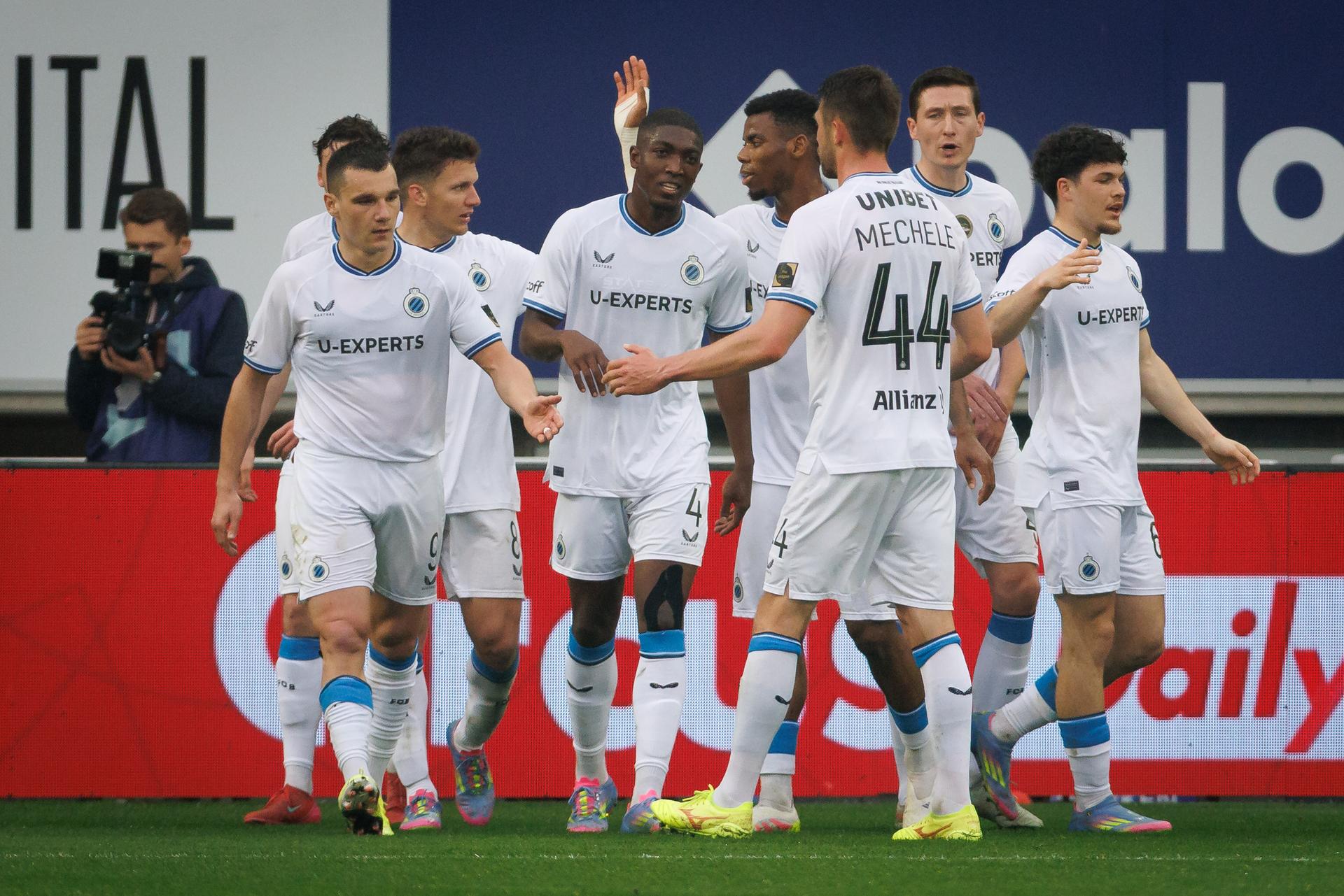 Club's players celebrate after scoring during a soccer match between KAA Gent and Club Brugge, Sunday 20 April 2025 in Gent, on day 4 (out of 10) of the Champions' Play-offs of the 2024-2025 'Jupiler Pro League' first division of the Belgian championship. BELGA PHOTO KURT DESPLENTER