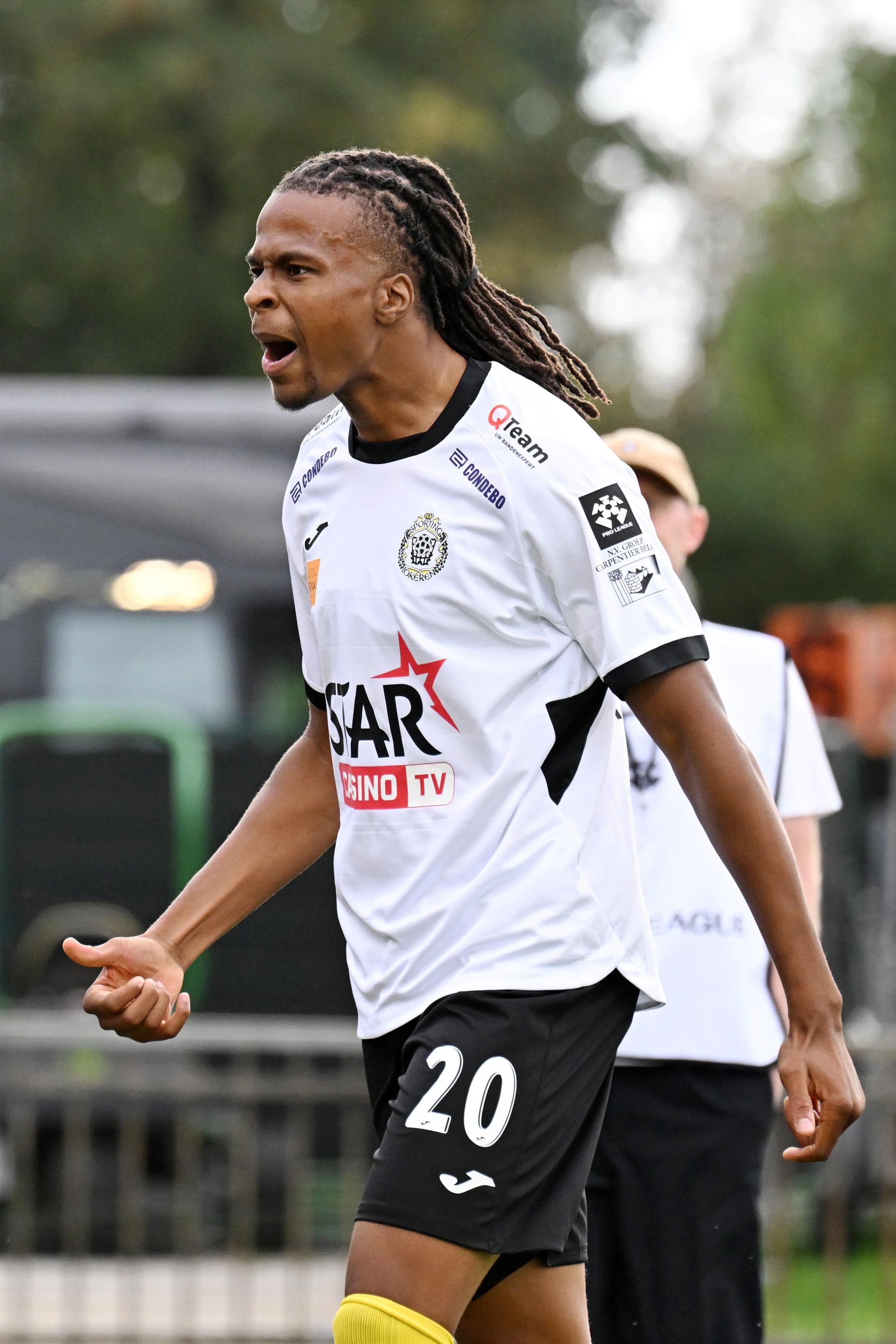 Lokeren's Ademola Ola-Adebomi celebrates after scoring during a soccer match between RSCA Futures and KSC Lokeren, Saturday 12 September 2026 in Deinze, on day 5 of the 2026-2027 'Challenger Pro League' second highest division of the Belgian championship. BELGA PHOTO MAARTEN STRAETEMANS