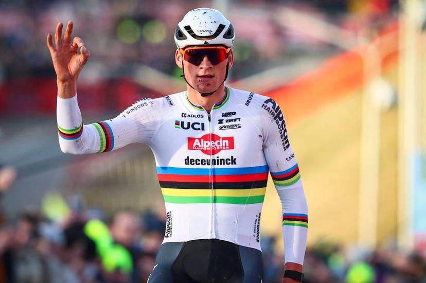 Dutch Mathieu Van Der Poel celebrates as he crosses the finish line to win the men's elite race at the cyclocross cycling event in Hoogerheide, Netherlands, Sunday 28 January 2024, stage 14/14 in the World Cup ranking. BELGA PHOTO JASPER JACOBS