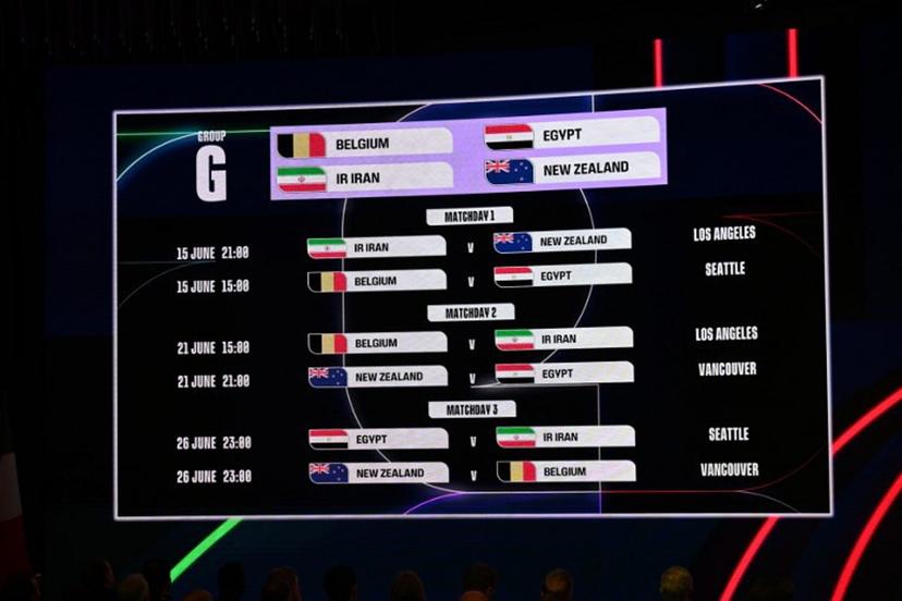 A screen displays the group G schedule during the event to unveil the match schedule for the FIFA World Cup 2026 in Washington, DC, on December 6, 2025.  Roberto SCHMIDT / AFP