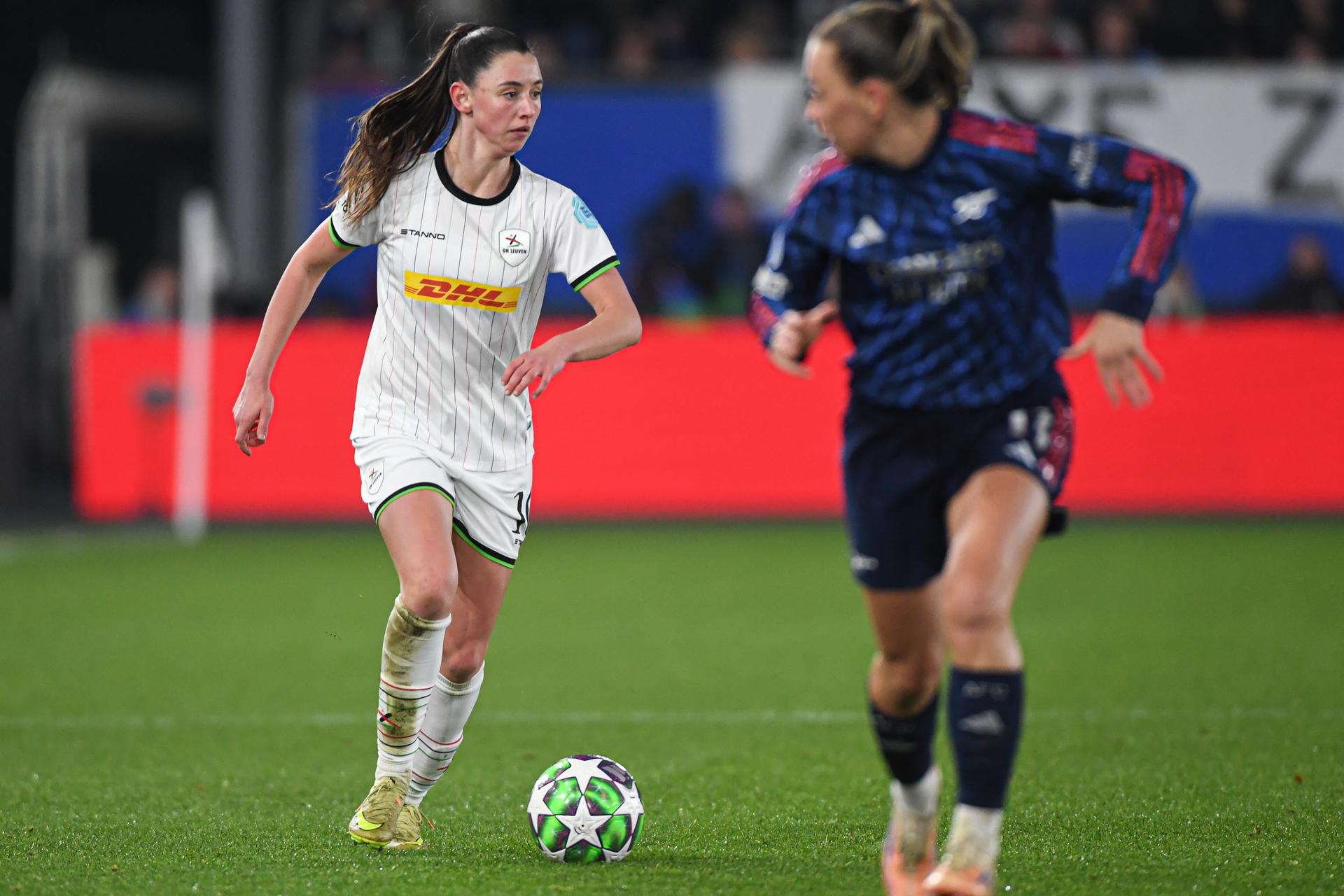 OHL Women's Aurelie Reynders pictured in action during a soccer match between Oud-Heverlee Leuven Women and English Arsenal, Wednesday 17 December 2025 in Heverlee, game 6 (out of 6) in the league phase of the UEFA Women's Champions League competition. BELGA PHOTO JILL DELSAUX