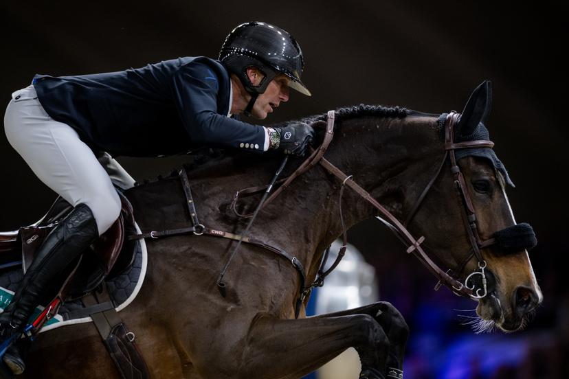 rider Kevin Staut with Visconti du Telman pictured in action during the FEI World Cup Jumping competition at the 'Vlaanderens Kerstjumping - Memorial Eric Wauters' equestrian event in Mechelen on Saturday 30 December 2023. BELGA PHOTO JASPER JACOBS