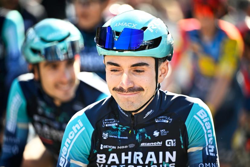 French Lenny Martinez of Bahrain Victorious pictured at the start of the men's race of the 90th edition of the 'La Fleche Wallonne', one day cycling race (Waalse Pijl - Walloon Arrow), 200 km from Herstal to Huy, Wednesday 22 April 2026.  BELGA PHOTO JASPER JACOBS