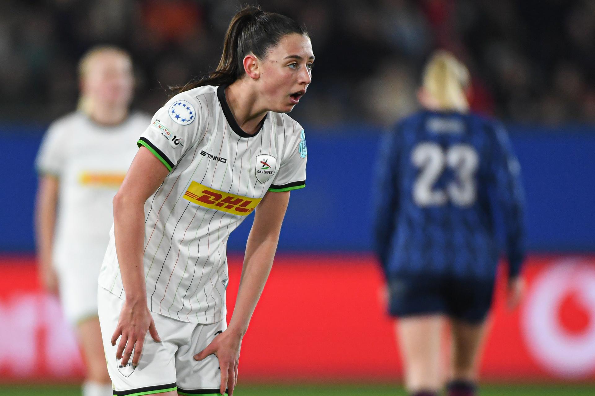 OHL Women's Aurelie Reynders looks dejected during a soccer match between Oud-Heverlee Leuven Women and English Arsenal, Wednesday 17 December 2025 in Heverlee, game 6 (out of 6) in the league phase of the UEFA Women's Champions League competition. BELGA PHOTO JILL DELSAUX