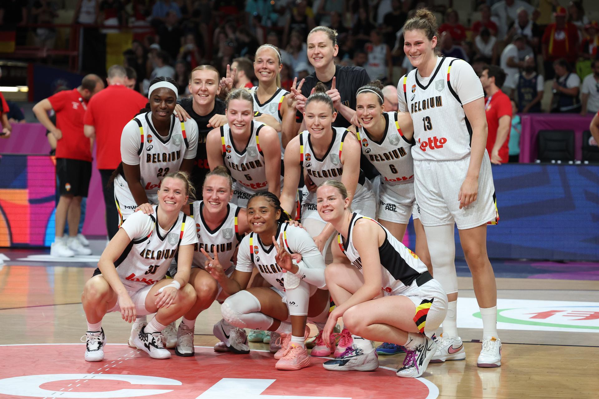 Belgian Cats' players celebrate after winning a basketball match between Belgian national team 'the Belgian Cats' and Germany, in the quarterfinals of the FIBA Women's EuroBasket tournament, Wednesday 25 June 2025 in Piraeus, Greece. BELGA PHOTO VIRGINIE LEFOUR