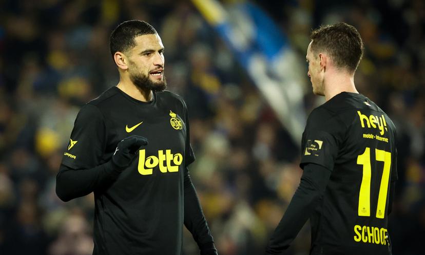 Union's Adem Zorgane and Union's Rob Schoofs fight for the ball during a soccer game between Royale Union Saint-Gilloise and SV Zulte Waregem, in the 1/8 final of the Croky Cup Belgian cup, Wednesday 03 December 2025 in Brussels. BELGA PHOTO VIRGINIE LEFOUR