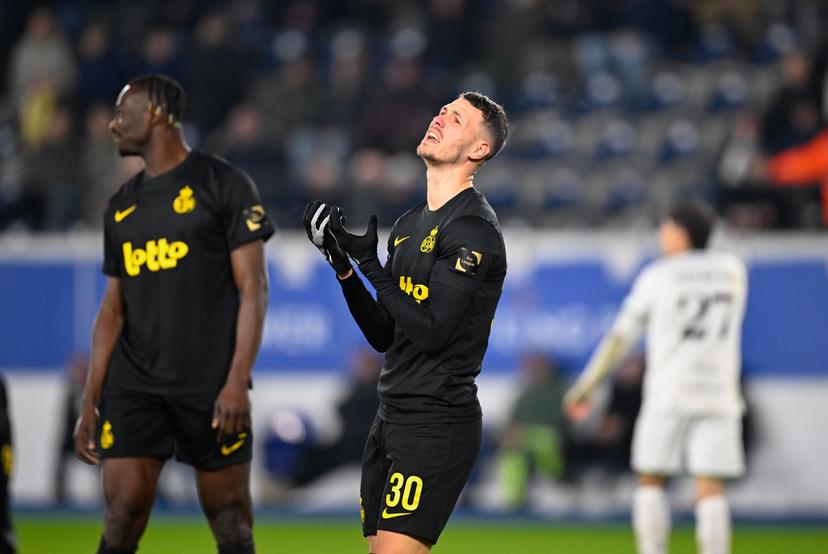 Union's Promise David, Union's Raul Florucz and react during a soccer match between Oud-Heverlee Leuven and Union Saint-Gilloise, Saturday 24 January 2026 in Leuven, on day 22 (out of 30) of the 2025-2026 'Jupiler Pro League' first division of the Belgian championship. BELGA PHOTO JOHN THYS