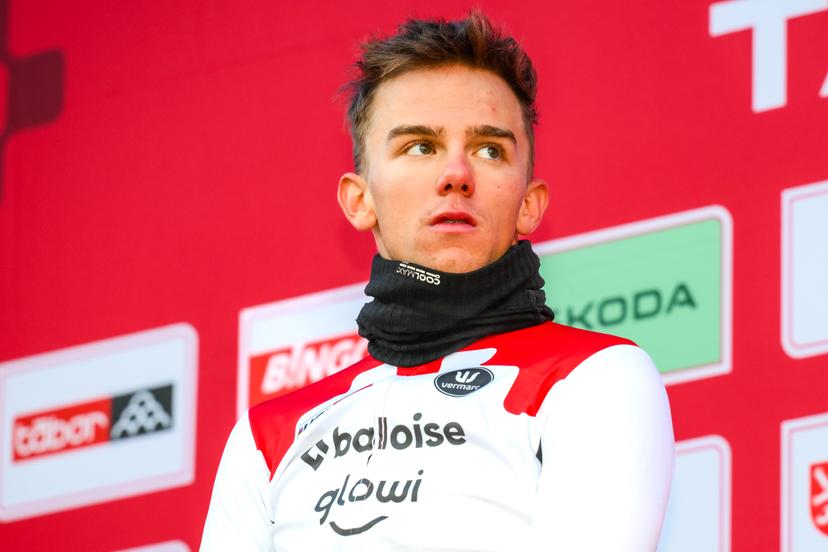 Belgian Thibau Nys pictured on the podium after the men elite race at the World Cup cyclocross cycling event in Tabor, Czech Republic, stage 1 (out of 12) of the UCI World Cup cyclocross competition, Sunday 23 November 2025. BELGA PHOTO DAVID PINTENS