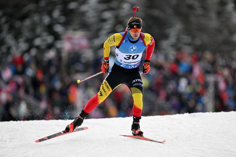 Belgium's Florent Claude competes in the men 10km sprint event of the IBU Biathlon World Cup in Lenzerheide, eastern Switzerland, on December 15, 2023.  Fabrice COFFRINI / AFP