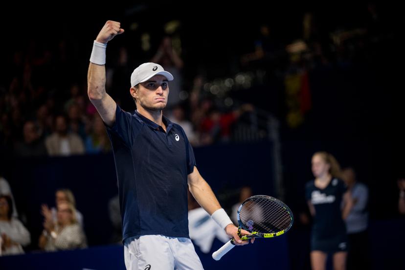 Belgian Raphael Collignon celebrates during the European Open ATP tennis tournament in Brussels, on Saturday 18 October 2025. This year's edition of the tournament is taking place from 12 to 19 October 2025. BELGA PHOTO JASPER JACOBS