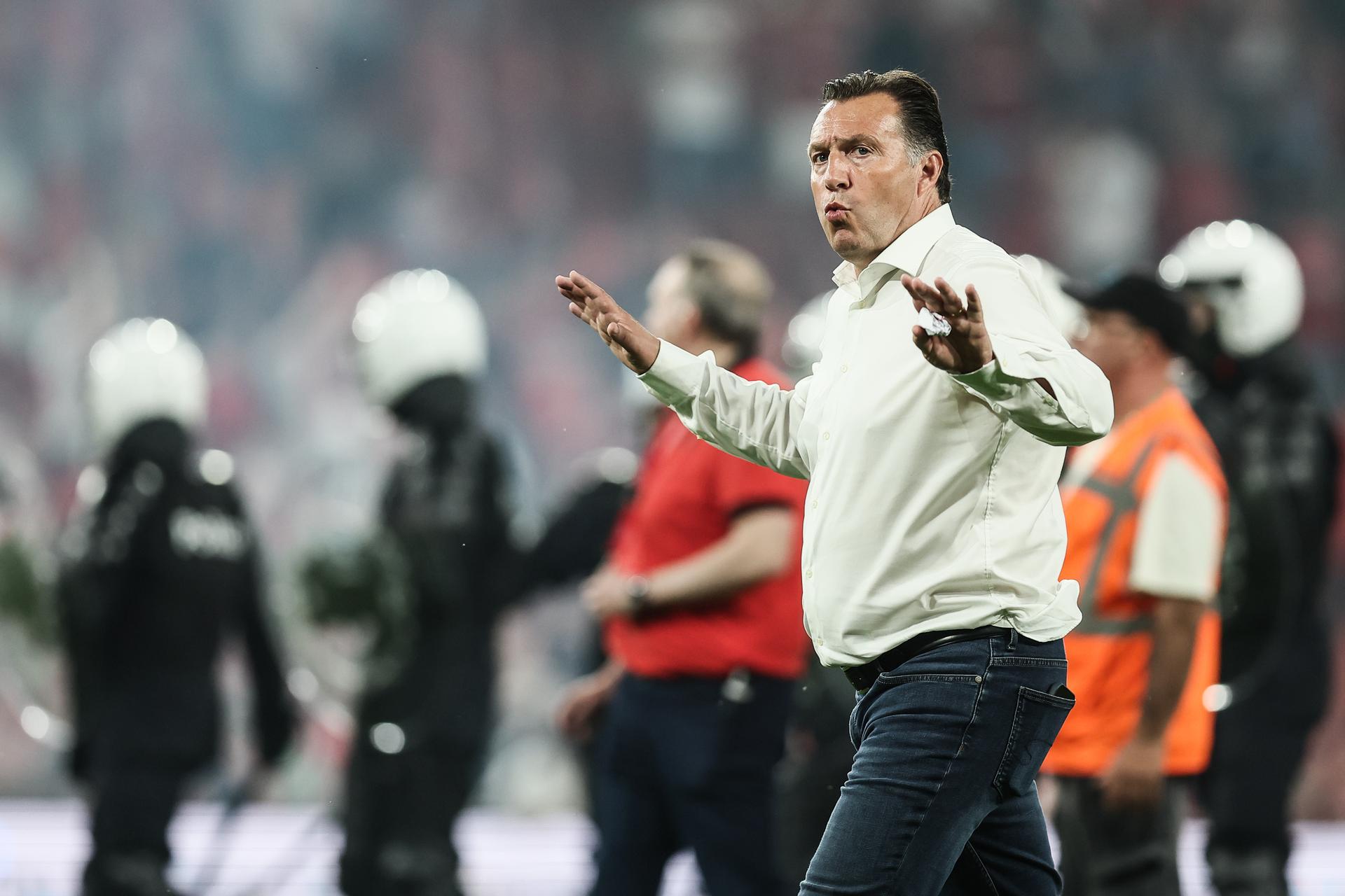 Standard's sport director Marc Wilmots pictured after a soccer match between Standard de Liege and Sporting Charleroi, Saturday 23 May 2026 in Liege, on the last day of the Europe Play-offs of the 2025-2026 'Jupiler Pro League' first division of the Belgian championship. BELGA PHOTO BRUNO FAHY