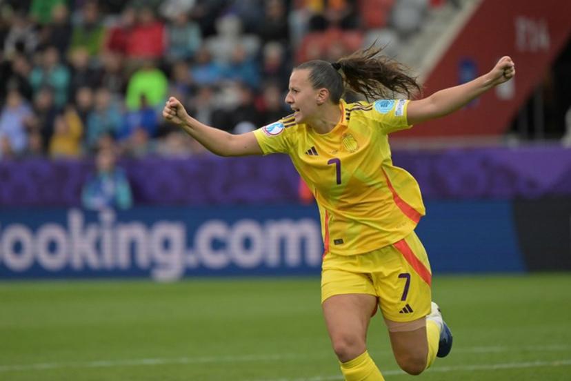 Belgium's forward #07 Hannah Eurlings celebrates after scoring her team's second goal  during the UEFA Women's Euro 2025 Group B football match between Spain and Belgium at the Arena Thun stadium in Thun on July 7, 2025.  Miguel MEDINA / AFP