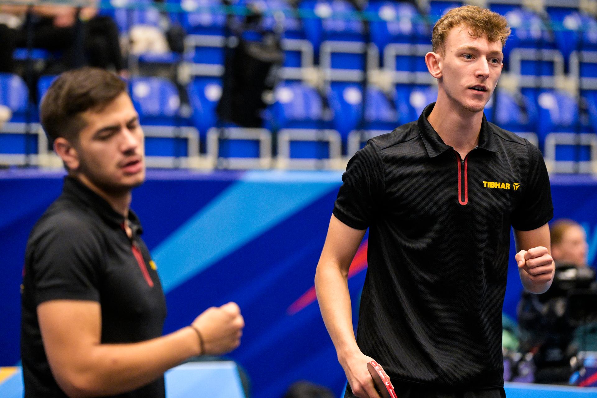 Table Tennis player Martin Allegro and Table Tennis player Adrien Rassenfosse react during a match in the Men's Team Quarterfinal between Belgium and Germany, in the Table Tennis competition at the European Games in Krakow, Poland on Thursday 29 June 2023. The 3rd European Games, informally known as Krakow-Malopolska 2023, is a scheduled international sporting event that will be held from 21 June to 02 July 2023 in Krakow and Malopolska, Poland. BELGA PHOTO LAURIE DIEFFEMBACQ