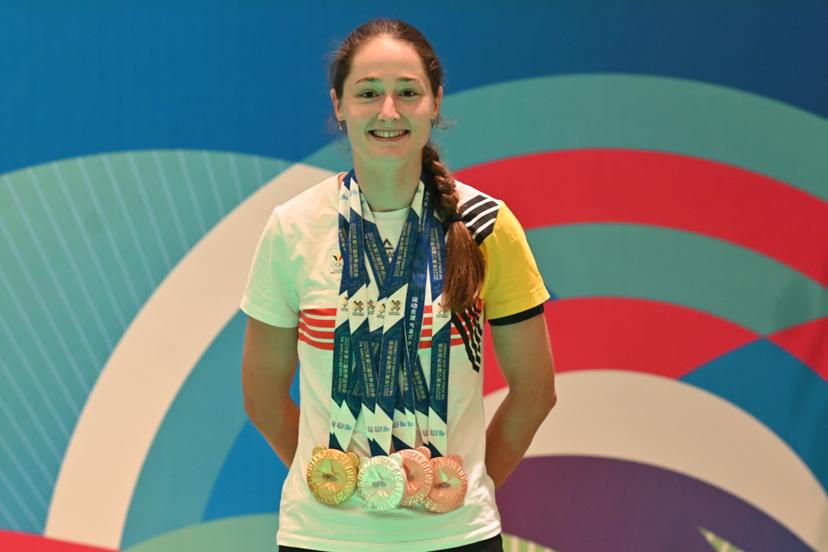 ATTENTION EDITORS - HANDOUT PICTURE - EDITORIAL USE ONLY - MANDATORY CREDIT BOIC - COIB   -  Fran Vanhoutte pictured with her medals at;  the World Games 2025, in Chenghdu, China, on Friday 15 AUgust 2025. This year, the World Games take place from 07 to 17 augustus. PHOTO HANDOUT BOIC - COIB