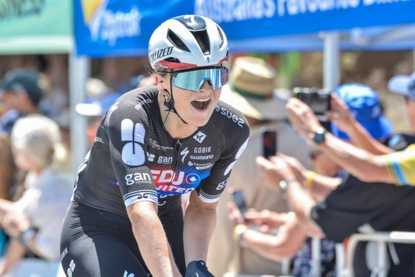 FFDJ United - Suez rider Ally Wollaston of New Zealand celebrates at the finishing line to win the women's first stage of the Tour Down Under cycling race in Adelaide on January 17, 2026.  Brenton Edwards / AFP