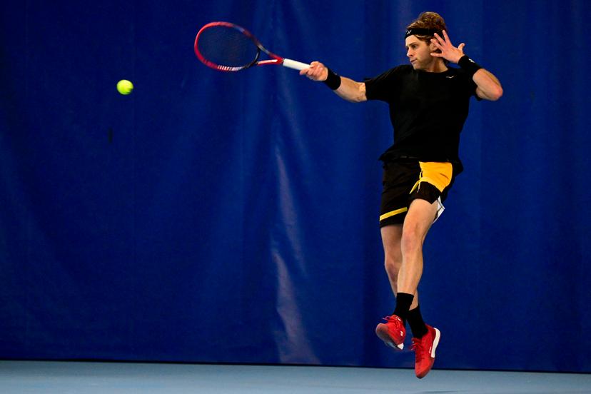 Belgian Zizou Bergs pictured in action during an open training session of the Belgian Davis Cup team ahead of the Davis Cup Finals (November 18-23), in Wilrijk, on Wednesday 12 November 2025. BELGA PHOTO DIRK WAEM