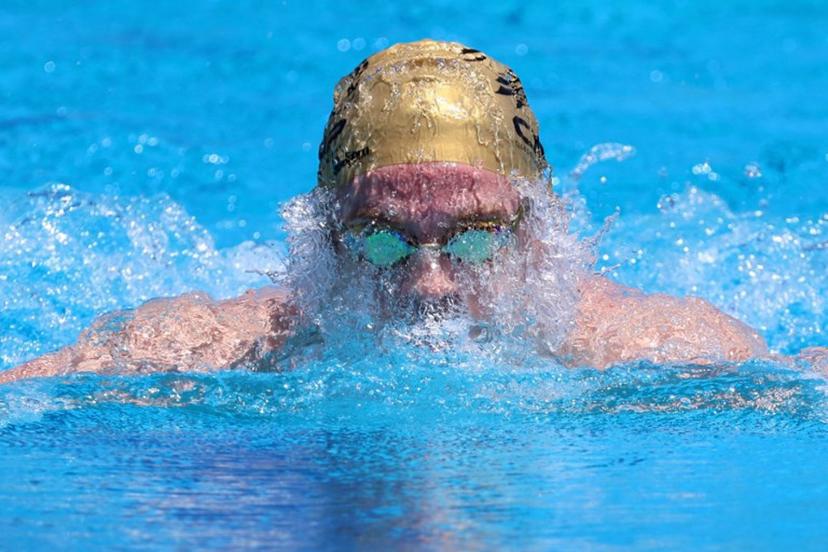 French four-time olympic gold medallist Leon Marchand trains at the "Piscine du Chaudron" swimming pool in Saint-Denis de la Reunion on December 21, 2024, before competing in the "meeting de l'Ocean indien" swimming event. The competition runs until December 22, 2024. Richard BOUHET / AFP