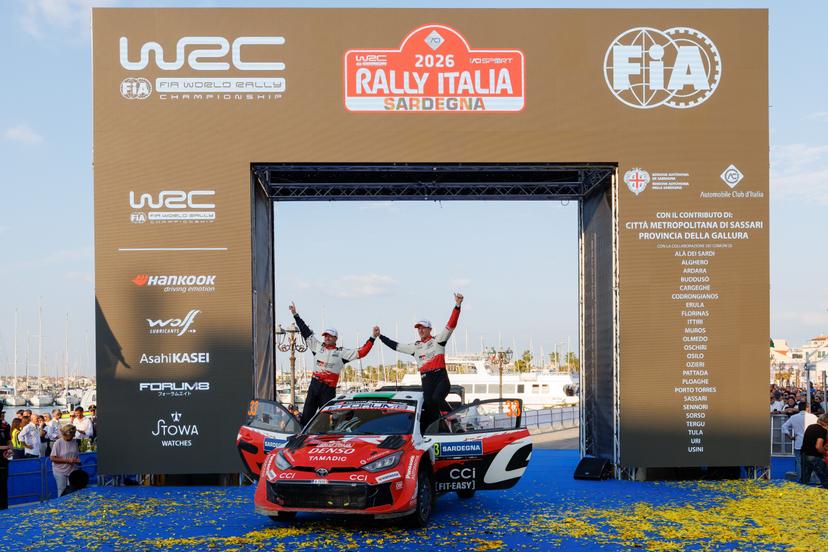 ATTENTION EDITORS - HANDOUT PICTURES - EDITORIAL USE ONLY MANDATORY CREDIT Toyota Gazoo Racing -   This handout picture, released by Toyota Gazoo Racing on Sunday 4 October 2026 shows World Champions Elfyn Evans and Scott Martin after the Rally of Sardegna.    - Belga and Belga editorial board decline all responsability regarding the content of this picture. PHOTO HANDOUT Toyota Gazoo Racing