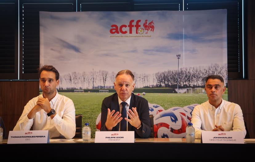ACFF CEO Thomas Rodrigues Pereira, ACFF President Philippe Godin and ACFF Technical Director Johan Walem pictured during a press conference of the Association Clubs Francophones de Football (Association of French-speaking Football Clubs) to review the structure and objectives of ACFF for the 2025-2026 season, Monday 01 September 2025 in Tubize. BELGA PHOTO VIRGINIE LEFOUR