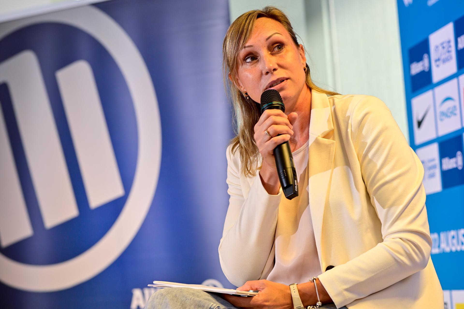 Former Belgian Athlete Kim Gevaert pictured during a press conference on the 49th edition of the Memorial Van Damme athletics event in Brussels, Wednesday 14 May 2025. The 2025 Allianz Memorial Van Damme Diamond League meeting take place on 08 Augustus 2025. BELGA PHOTO DIRK WAEM