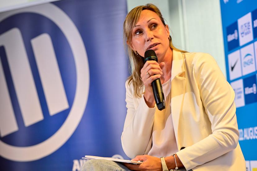 Former Belgian Athlete Kim Gevaert pictured during a press conference on the 49th edition of the Memorial Van Damme athletics event in Brussels, Wednesday 14 May 2025. The 2025 Allianz Memorial Van Damme Diamond League meeting take place on 08 Augustus 2025. BELGA PHOTO DIRK WAEM