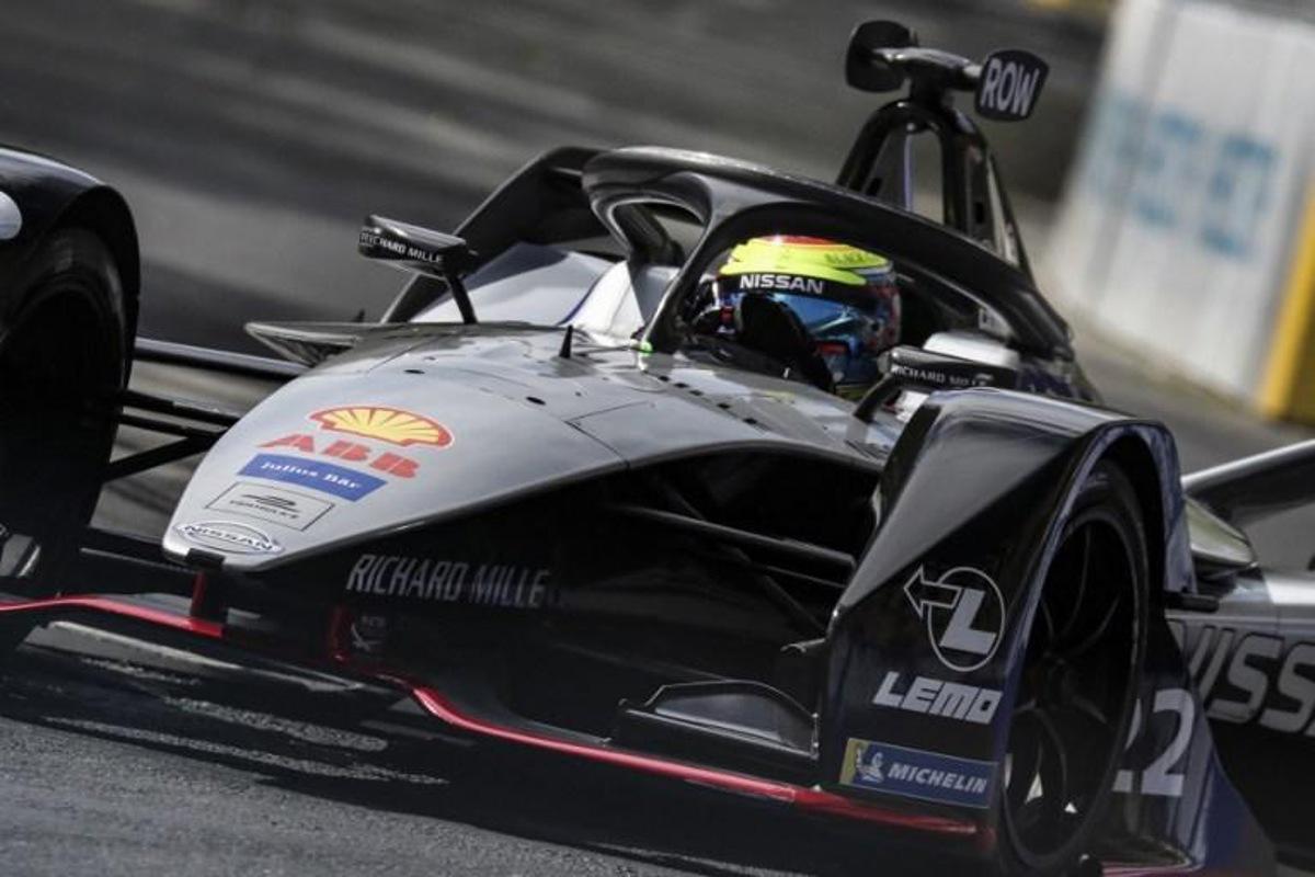 Nissan e.dams's british driver Oliver Rowland steers his car during the practice session of the Paris-Prix leg of the Formula E season 2018-2019 electric car championship in the French capital Paris on April 27, 2019.  KENZO TRIBOUILLARD / AFP