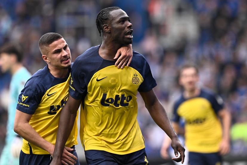 Union's Franjo Ivanovic and Union's Promise David celebrate after scoring during a soccer match between KRC Genk and Royale Union Saint-Gilloise, Sunday 20 April 2025 in Gent, on day 4 (out of 10) of the Champions' Play-offs of the 2024-2025 'Jupiler Pro League' first division of the Belgian championship. BELGA PHOTO JOHAN EYCKENS