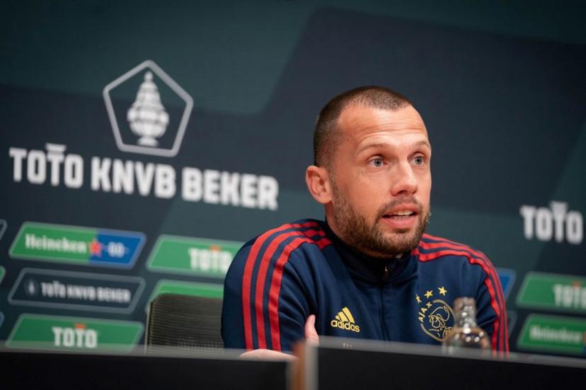 Ajax' Dutch coach John Heitinga addresses a press conference ahead of the KNVB Cup final against PSV at the Johan Cruijff ArenA in Amsterdam, on April 28, 2023.  ROY LAZET / ANP / AFP