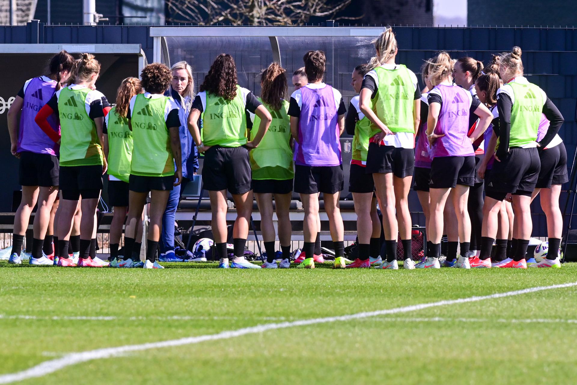 Belgium's head coach Elisabet Gunnarsdottir is pictured during a training session of the national teams of Belgium (Red Flames), on Tuesday 01 April 2025 in Tubize. The team is preparing for a game against England, on the third matchday in group A3 of the 2024-25 Women's Nations League competition. BELGA PHOTO JONAS ROOSENS