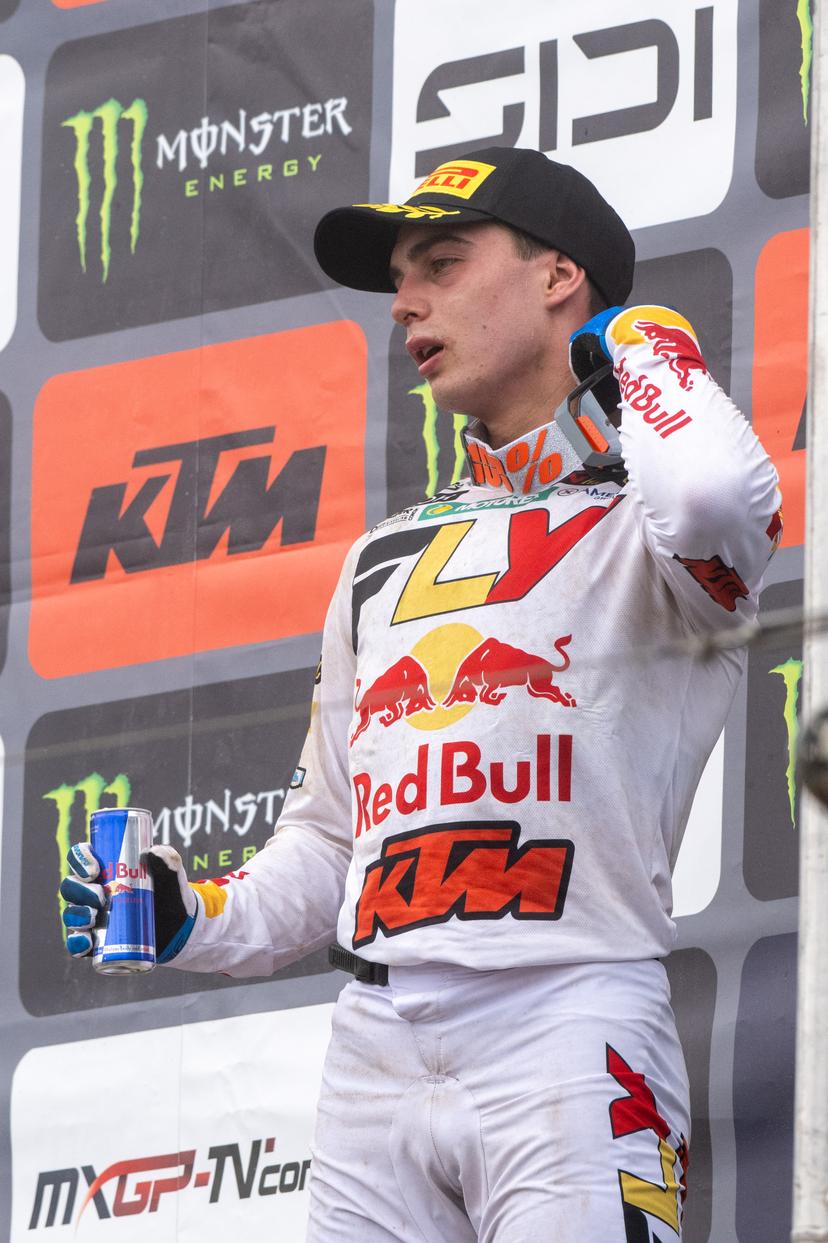 Belgium's Sacha Coenen pictured on the podium after the motocross MX2 Grand Prix Flanders, race 15/20 of the FIM Motocross World Championship, Sunday 03 August 2025 in Lommel. BELGA PHOTO JONAS ROOSENS