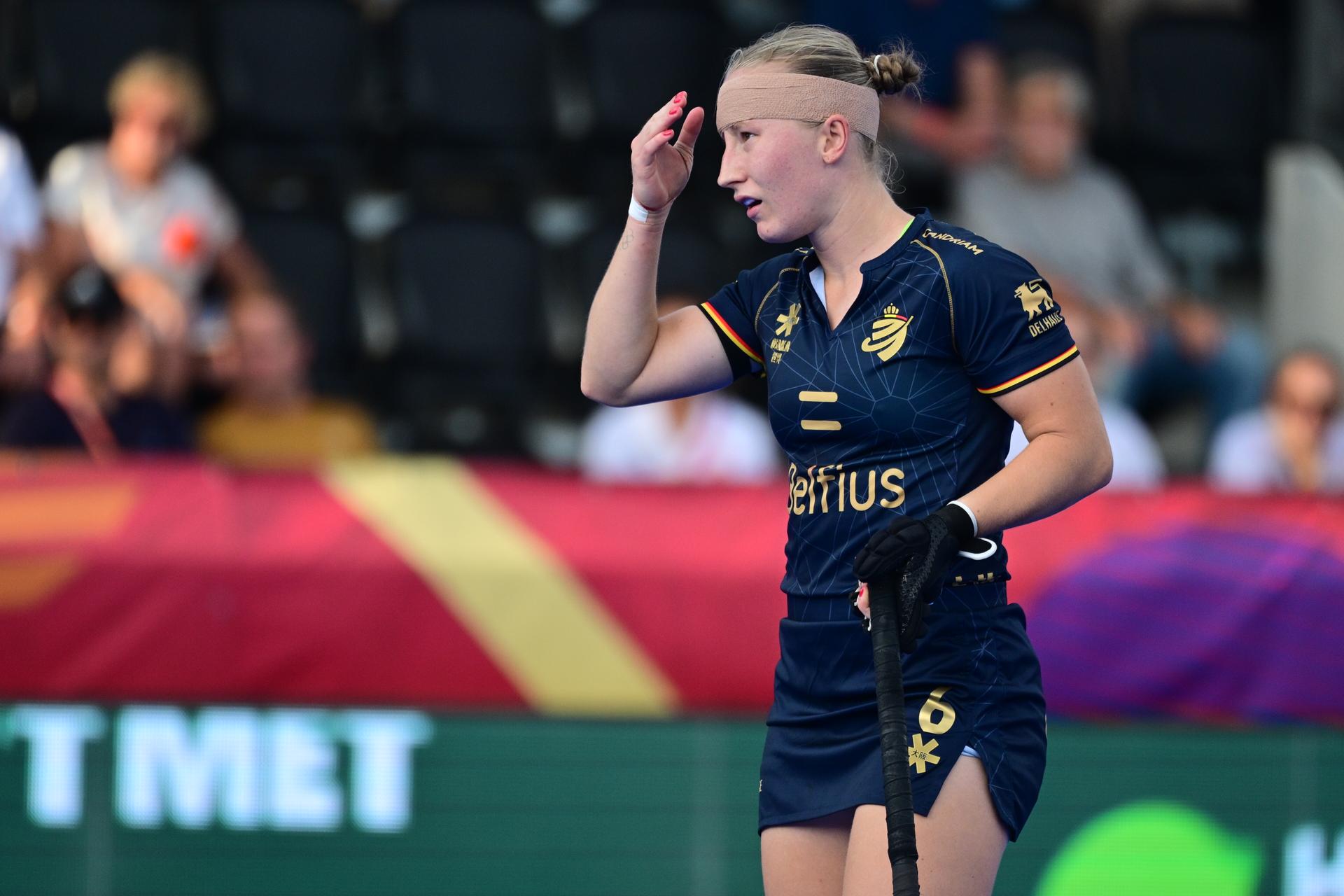 Belgium's Charlotte Englebert pictured in action during a field hockey game between Belgian national team Red Panthers and Netherlands, at the women's 2026 Hockey World Cup, on Thursday 27 August 2026 in Amsterdam. The 2026 edition of the Hockey World Cup takes place in Belgium and The Netherlands from August 15 to August 30. BELGA PHOTO DIRK WAEM