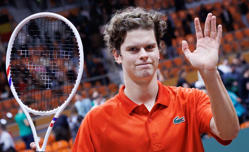 Belgian Alexander Blockx celebrates after winning a tennis match against Bulgarian Radulov, during the qualifier of the Davis Cup on Saturday 07 February 2026, in Plovdiv, Bulgaria. Belgium will compete this weekend in the Davis Cup qualifiers against Bulgaria. BELGA PHOTO BENOIT DOPPAGNE