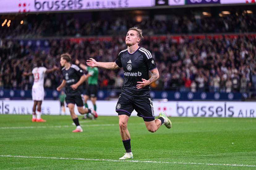 Anderlecht's Marten Winkler celebrate after scoring during a soccer match between RSC Anderlecht and SV Zulte Waregem, Saturday 19 September 2026 in Brussels, on day 7 of the 2026-2027 'Jupiler Pro League' first division of the Belgian championship.  BELGA PHOTO EMILE WINDAL