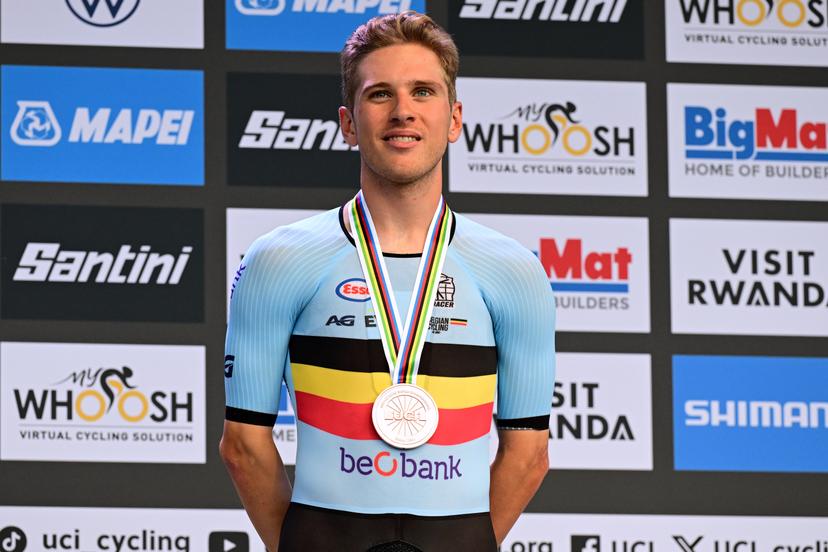 Bronze medalist Belgian Ilan van Wilder celebrates on the podium of the Men Elite Individual Time Trial race (40,8km) at the cycling road world championships, in Kigali, Rwanda, Sunday 21 September 2025. The 2025 UCI Road World Championships take place from 21 to 28 September in Kigali, Rwanda. BELGA PHOTO DIRK WAEM