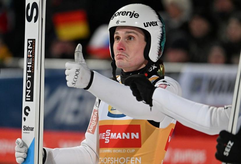 Slovenia's Domen Prevc reacts after competing in the Men's Individual Large Hill HS142 event of the FIS Ski Jumping World Cup, the fourth and last leg of the Four Hills Tournament, in Bischofshofen, Austria on January 6, 2026.  KERSTIN JOENSSON / AFP