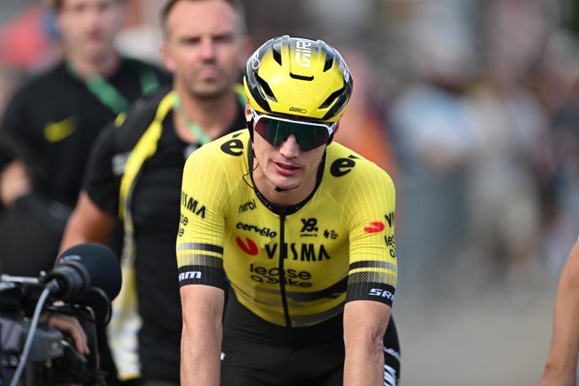 Dutch Olav Kooij of Team Visma-Lease a Bike celebrates after winning the second stage of the 'Renewi Tour' multi-stage cycling race, from Blankenberge to Ardooie (169,4 km) on Thursday 21 August 2025. The five-day race takes place in Belgium and the Netherlands.  BELGA PHOTO DAVID PINTENS