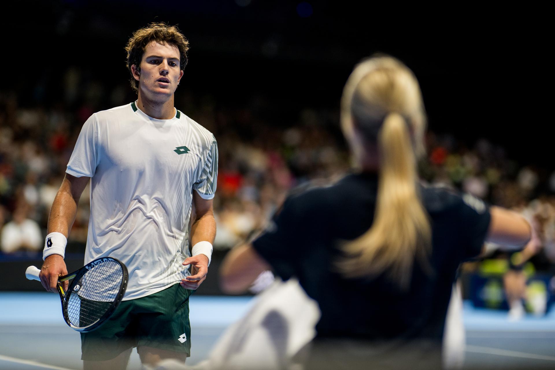 Gilles-Arnaud Bailly of Belgium pictured in action during the European Open ATP tennis tournament in Brussels, on Saterday 17 October. This year's edition of the tournament is taking place from 17 to 25 October BELGA PHOTO JASPER JACOBS