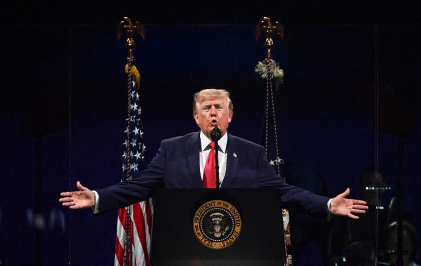 US President Donald Trump speaks during the "Salute to America" Independence Day celebration on the National Mall in Washington, DC, on July 4, 2026.  The nation is marking the 250th anniversary of the United States Declaration of Indpendence. Alex WROBLEWSKI / AFP