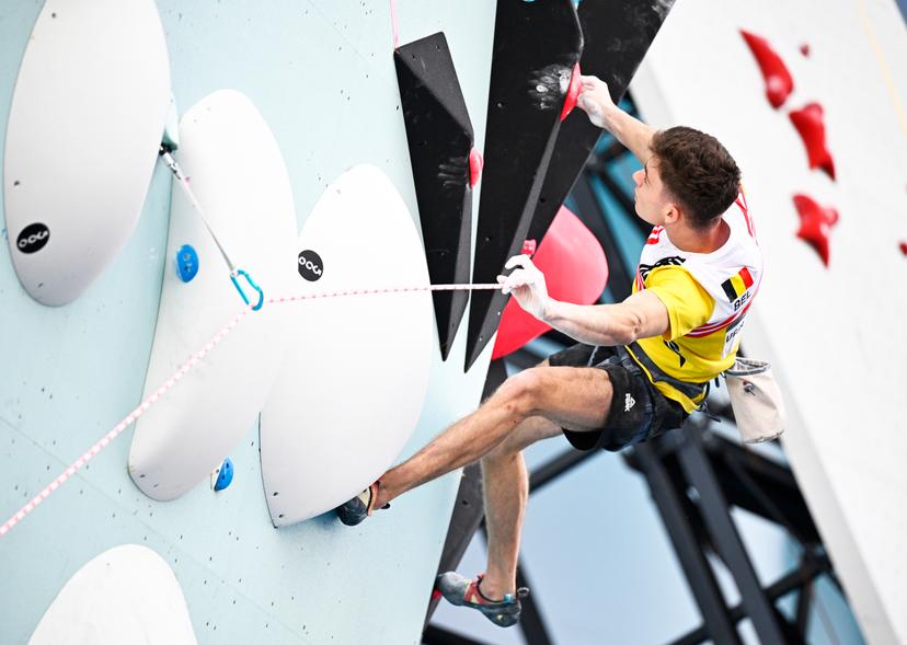 Belgian climber Hannes Van Duysen pictured in action during the men's Lead semi-final of the sport climbing event at the Paris 2024 Olympic Games, on Wednesday 07 August 2024 in Paris, France. The Games of the XXXIII Olympiad are taking place in Paris from 26 July to 11 August. The Belgian delegation counts 165 athletes competing in 21 sports. BELGA PHOTO JASPER JACOBS