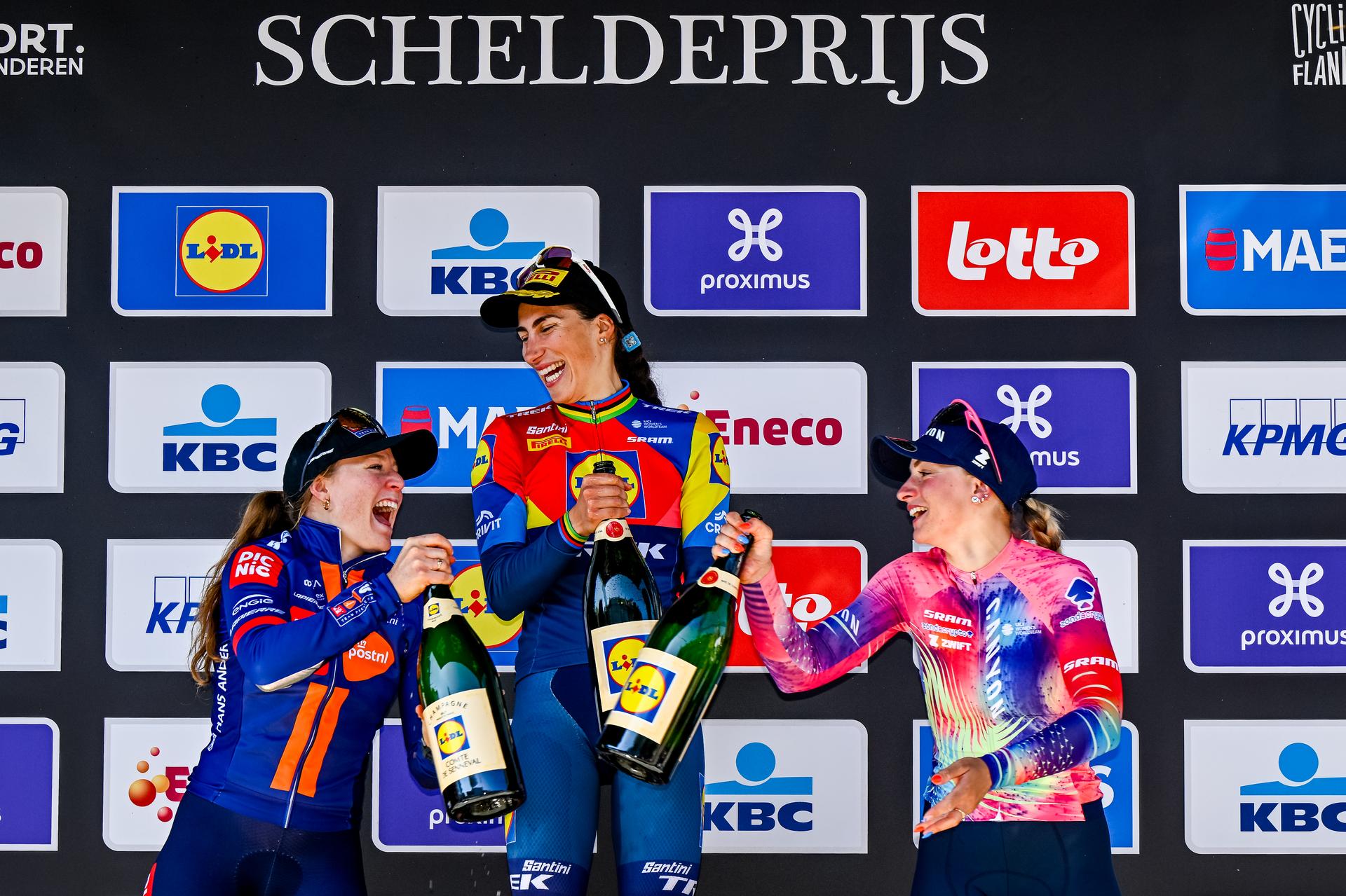 Dutch Charlotte Kool of Team Picnic PostNL, Italian Elisa Balsamo of Lidl-Trek and Italian Chiara Consonni of Canyon//SRAM zondacrypto pictured on the podium after the women's race of the 113th edition of the 'Scheldeprijs' one day cycling event, 202,8 km from Terneuzen, the Netherlands to Schoten, Belgium on Wednesday 09 April 2025. BELGA PHOTO ERIC LALMAND