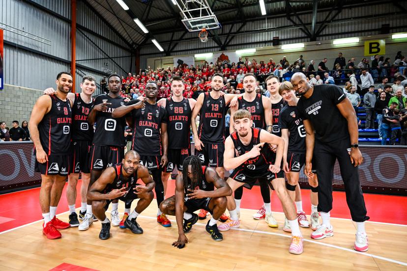 Antwerp's players celebrate after winning a basketball match between Limburg United and Antwerp Giants, Sunday 08 February 2026, in Hasselt, in the semifinals of the Men's Lotto Basketball Cup competition. BELGA PHOTO TOM GOYVAERTS