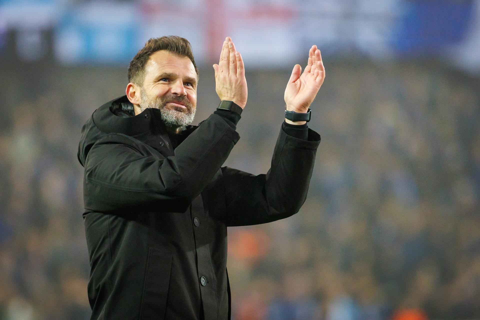 Club's head coach Ivan Leko celebrates after winning a soccer game between Belgian Club Brugge and French Olympique de Marseille, Wednesday 28 January 2026 in Brugge, on day eight of the League phase of the UEFA Champions League tournament. BELGA PHOTO KURT DESPLENTER