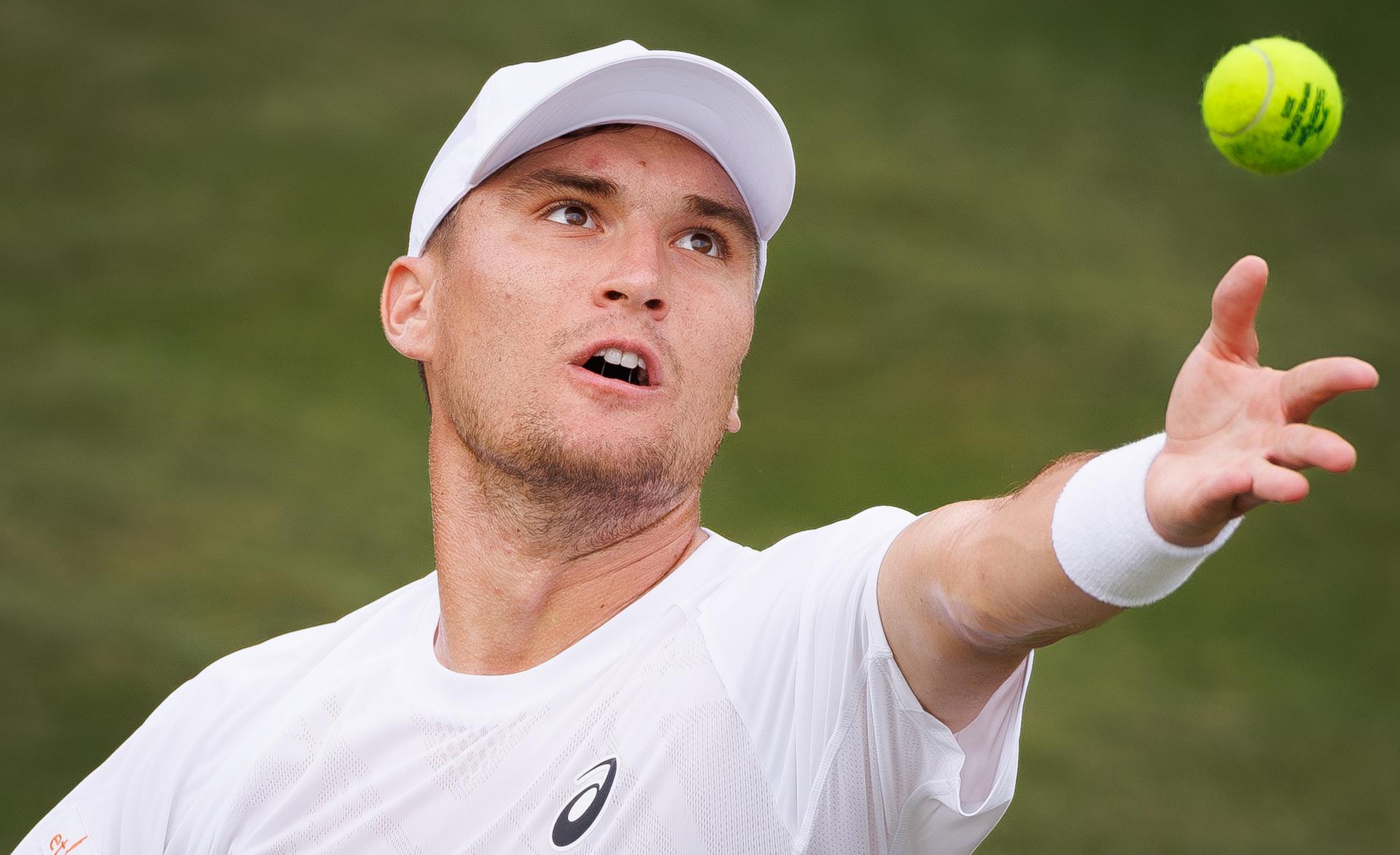 Belgian Raphael Collignon pictured in action at a tennis game against Croatian Cilic, in the first round of the men's singles at the 2025 Wimbledon grand slam tournament, Tuesday 01 July 2025 at the All England Tennis Club, in South-West London, Britain. BELGA PHOTO BENOIT DOPPAGNE