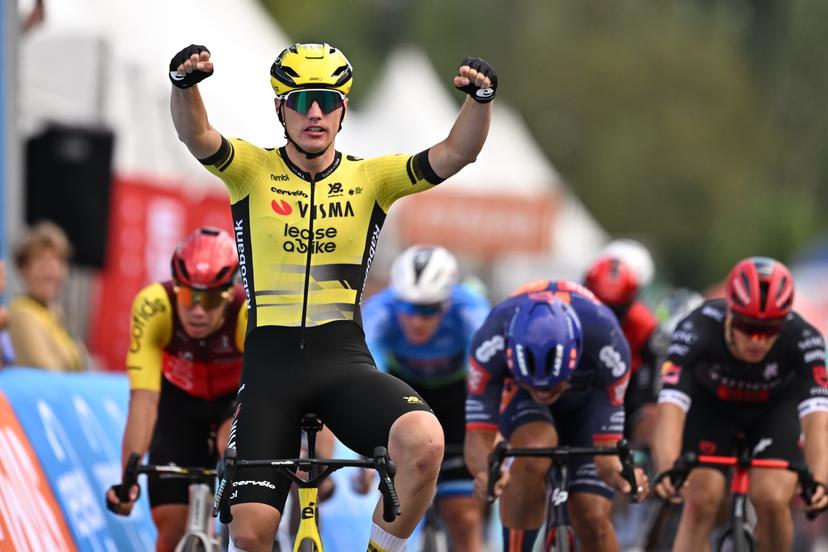 Dutch Olav Kooij of Team Visma-Lease a Bike celebrates after winning the second stage of the 'Renewi Tour' multi-stage cycling race, from Blankenberge to Ardooie (169,4 km) on Thursday 21 August 2025. The five-day race takes place in Belgium and the Netherlands.  BELGA PHOTO DAVID PINTENS