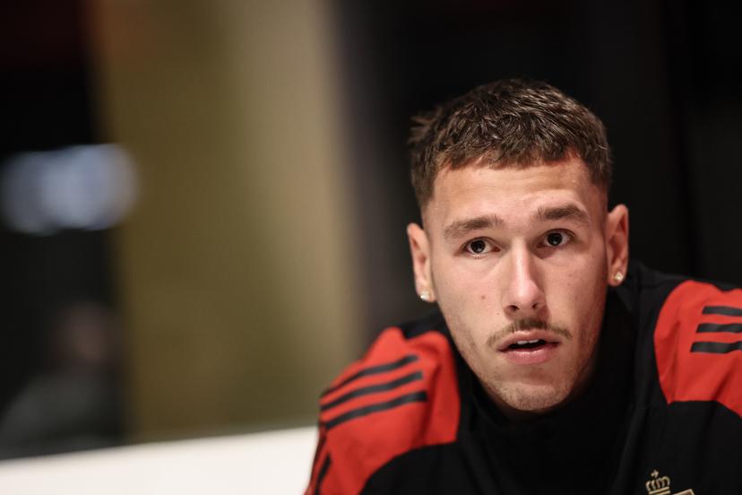 Belgium's Lucas Stassin pictured during a press conference of the Belgian national soccer team Red Devils U21 ahead of their Euro qualifying match against Austria, at the Royal Belgian Football Association's training center, in Tubize, Tuesday 11 November 2025. BELGA PHOTO BRUNO FAHY