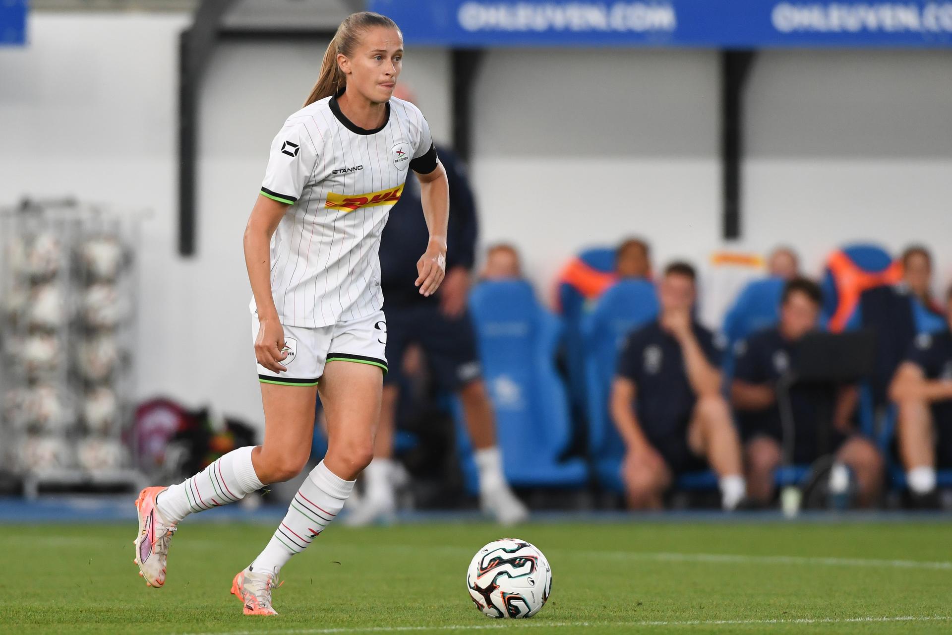 OHL Women's Julie Biesmans pictured in action during a soccer match between Oud-Heverlee Leuven Women and Bosnian-Herzegovinian SFK 2000 Sarajevo, Wednesday 27 August 2025 in Leuven, the first game in the qualification tournament for the UEFA Champions League competition. BELGA PHOTO JILL DELSAUX