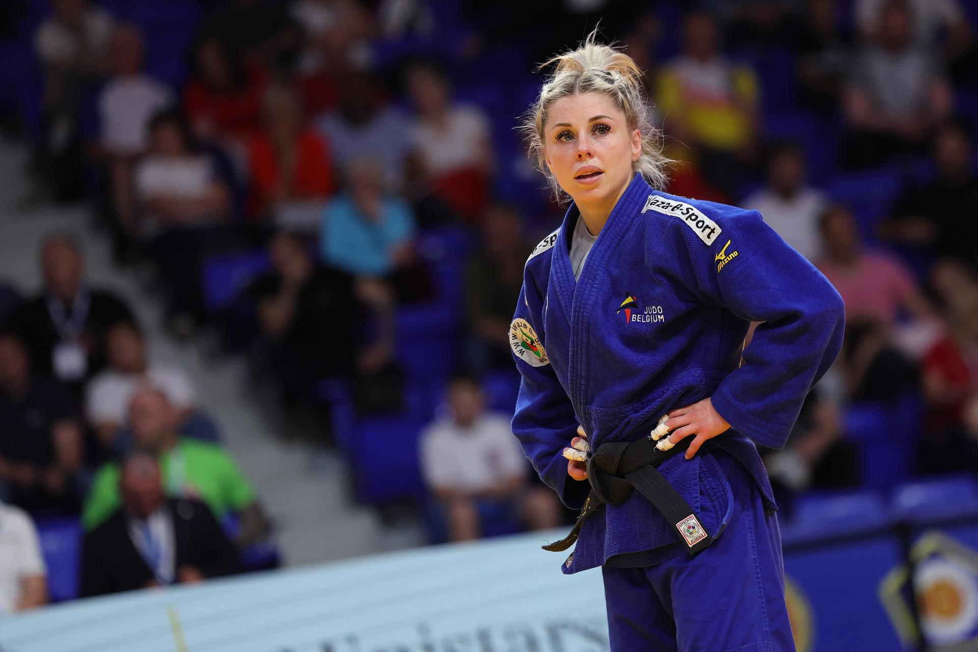 Belgian Lois Petit (blue gi) pictured during a bout in the Women's -48kg category, at the European Championships judo in Podgorica, Montenegro, on Wednesday 23 April 2025. The tournament is taking place from 23 tot 27 April 2025. BELGA PHOTO NIKOLA KRISTC