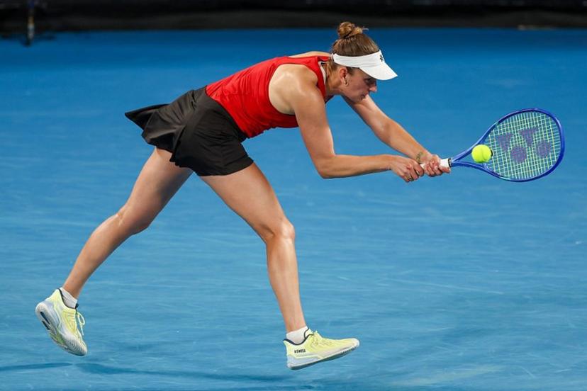 Belgium's Elise Mertens hits a return to Czech Republic's Barbora Krejcikova during their women's singles quarter-final match at the United Cup tennis tournament at Ken Rosewall Arena in Sydney on January 8, 2026.  Izhar KHAN / AFP