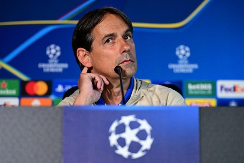 Inter Milan's Italian coach Simone Inzaghi gives a press conference ahead of the UEFA Champions League final football match against Paris Saint-Germain (PSG) as part of the club's media day in Appiano Gentile, Italy, on May 26, 2025.  Piero CRUCIATTI / AFP